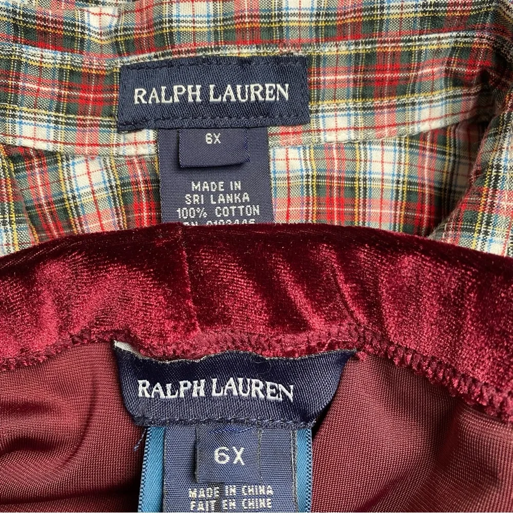 Ralph Lauren Cotton Plaid Poplin Blouse and Velvet Leggings Set